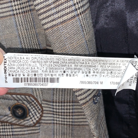 ZARA Basics Wool blend Plaid Blazer brown patchwork elbows 2 button satin lined - Picture 12 of 17